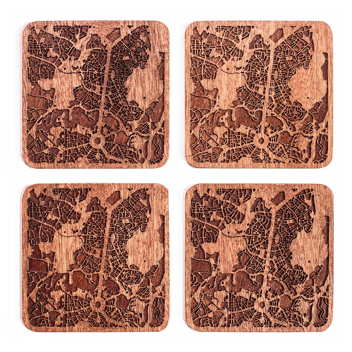 Canberra Map Coaster by O3 Design Studio, Set Of 4, Sapele Wooden Coaster With City Map, Handmade