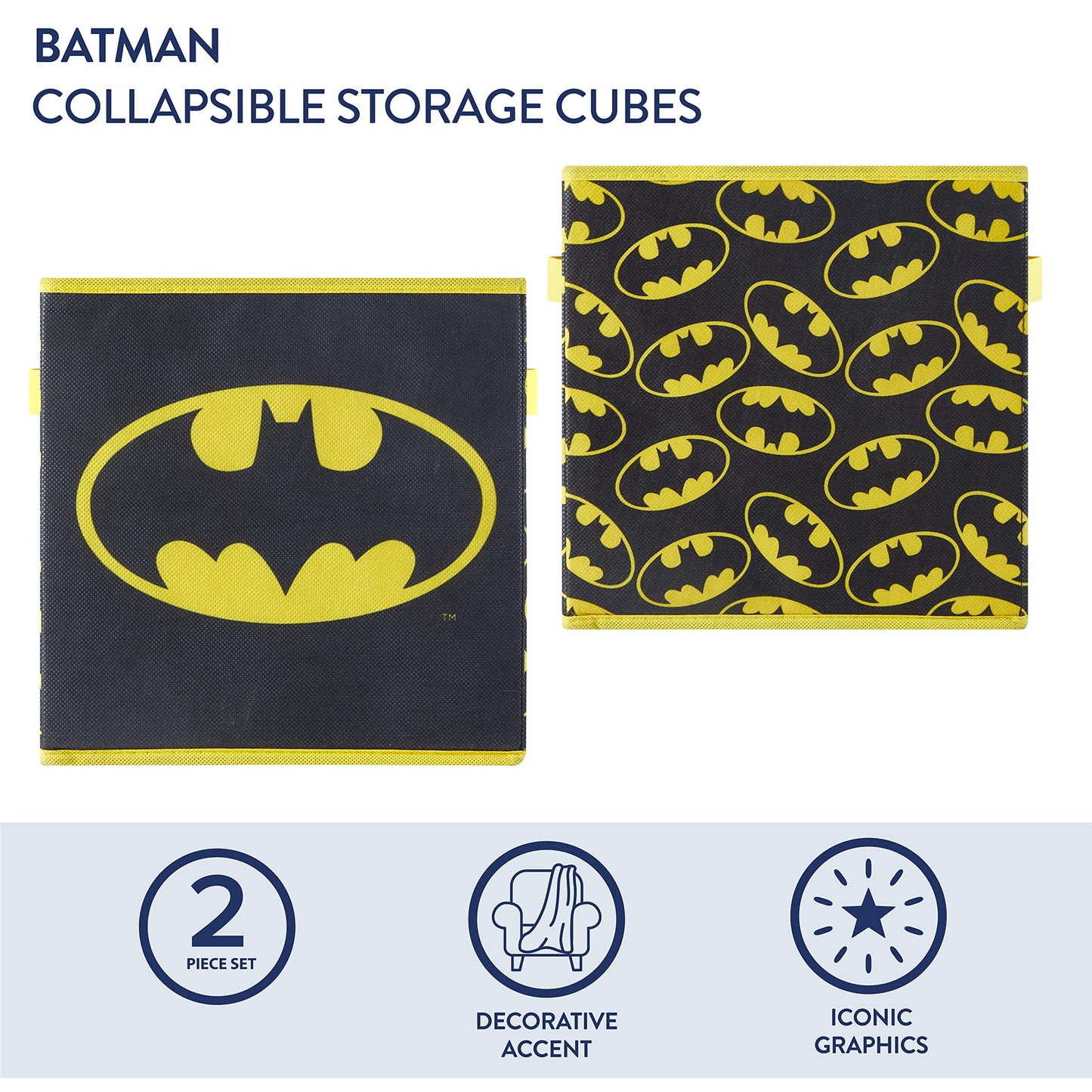 Batman Collapsible Storage Cubes – Set of 2 Foldable Fabric Bins for Kids – Organizer Boxes with Iconic Logo – Closet & Toy Storage – Black Superhero Cube Containers