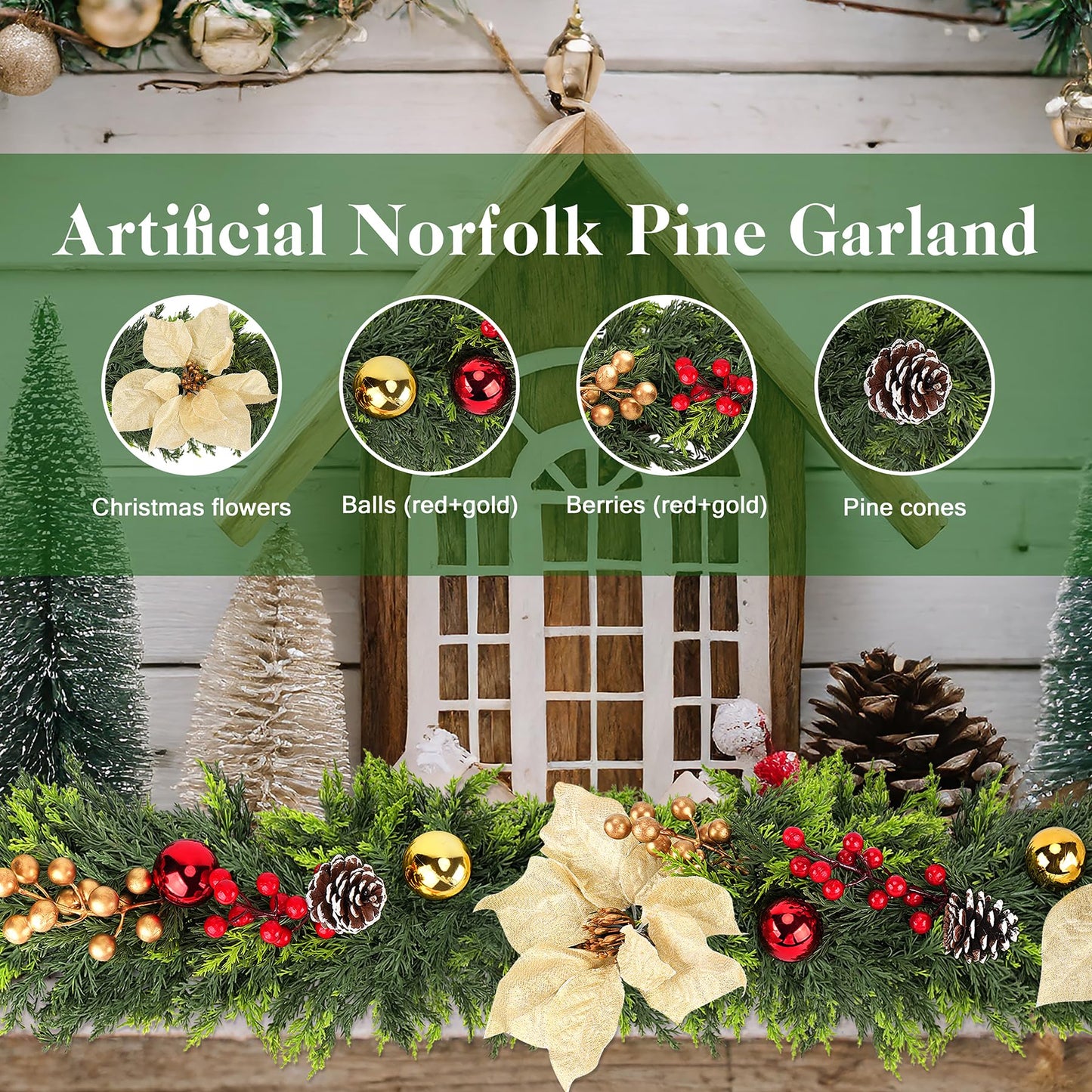 Real Touch Cedar Garland for Home, Thicken Cypress Green Artificial Greenery Garlands, 6FT Realistic Pine Garland with Flowers Berries Pinecones Balls, Cedar Garlands for Christmas in July Decorations