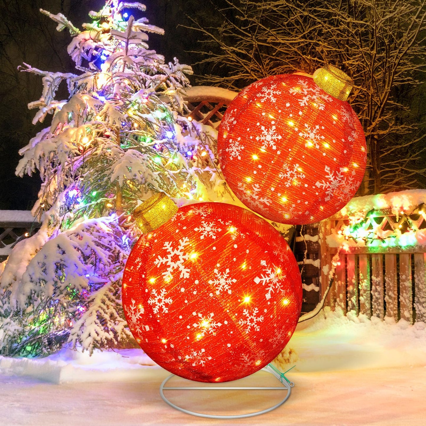 Rossesay 2.5 ft Lighted Pop up Outdoor Christmas Ornaments Stackable Giant 3D Pre Lit Christmas Balls Light up Collapsible Balls with 80 LED Lights for Holiday Yard Lawn Garden