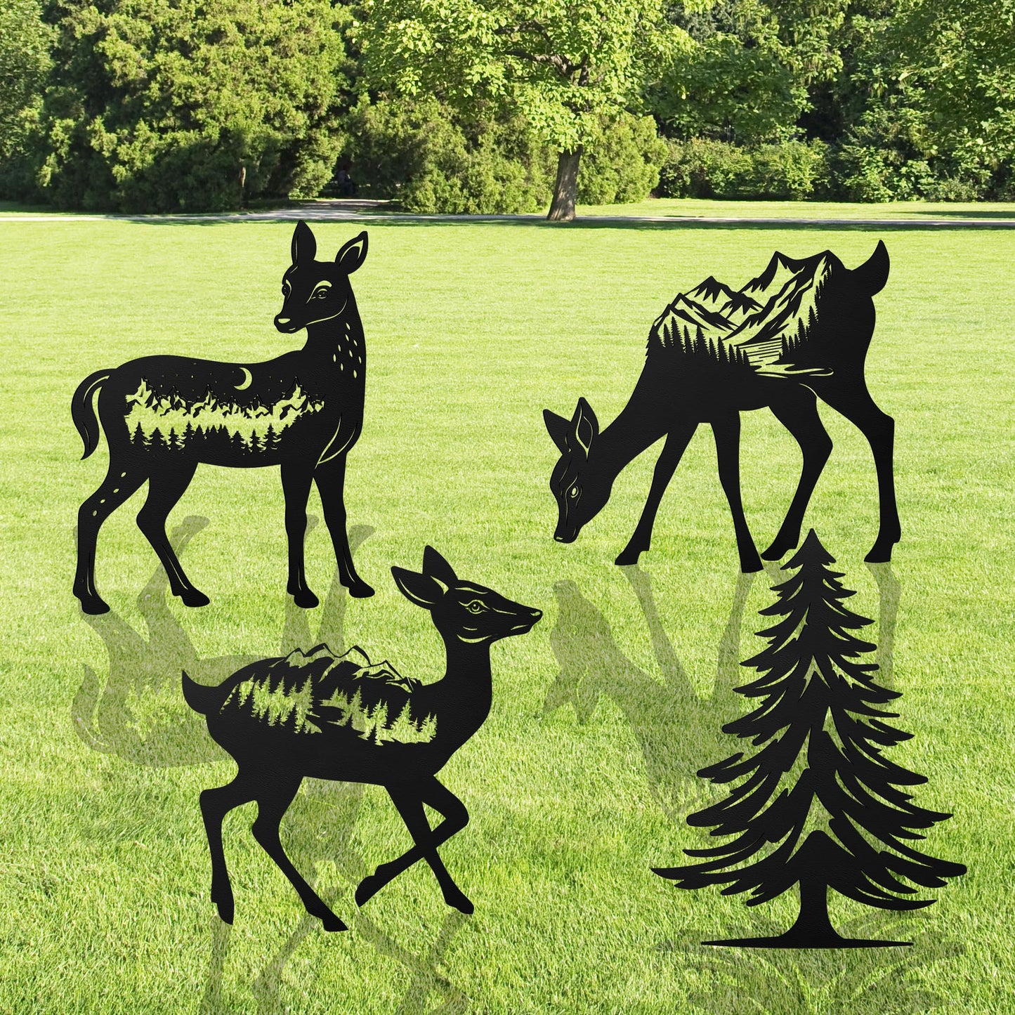 Romart Deer and Pine Tree Decorative Garden Stakes, 4 Pcs Forest Silhouette Metal Garden Stakes for Outdoor Yard Lawn Decor, Christmas for Nature Lovers