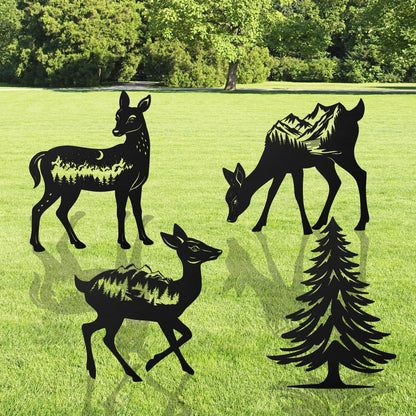 Romart Deer and Pine Tree Decorative Garden Stakes, 4 Pcs Forest Silhouette Metal Garden Stakes for Outdoor Yard Lawn Decor, Christmas for Nature Lovers