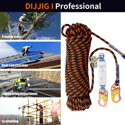 DIJJIG Rope Harness Safety Lanyard 25ft Vertical Roofing Rope With Grab Snap Hooks Shock Absorber Fall Protection Tree Climbing Line Kit Heavy Duty Roof Safety Equipment ANSI CE