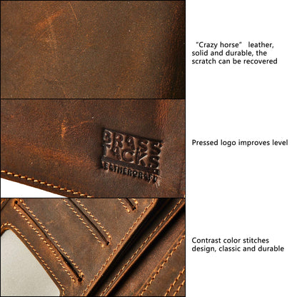 BRASS TACKS Leathercraft Vintage Long Wallet for Men Top Grain Leather Dark Brown Cowhide Bifold Wallet Gift Box