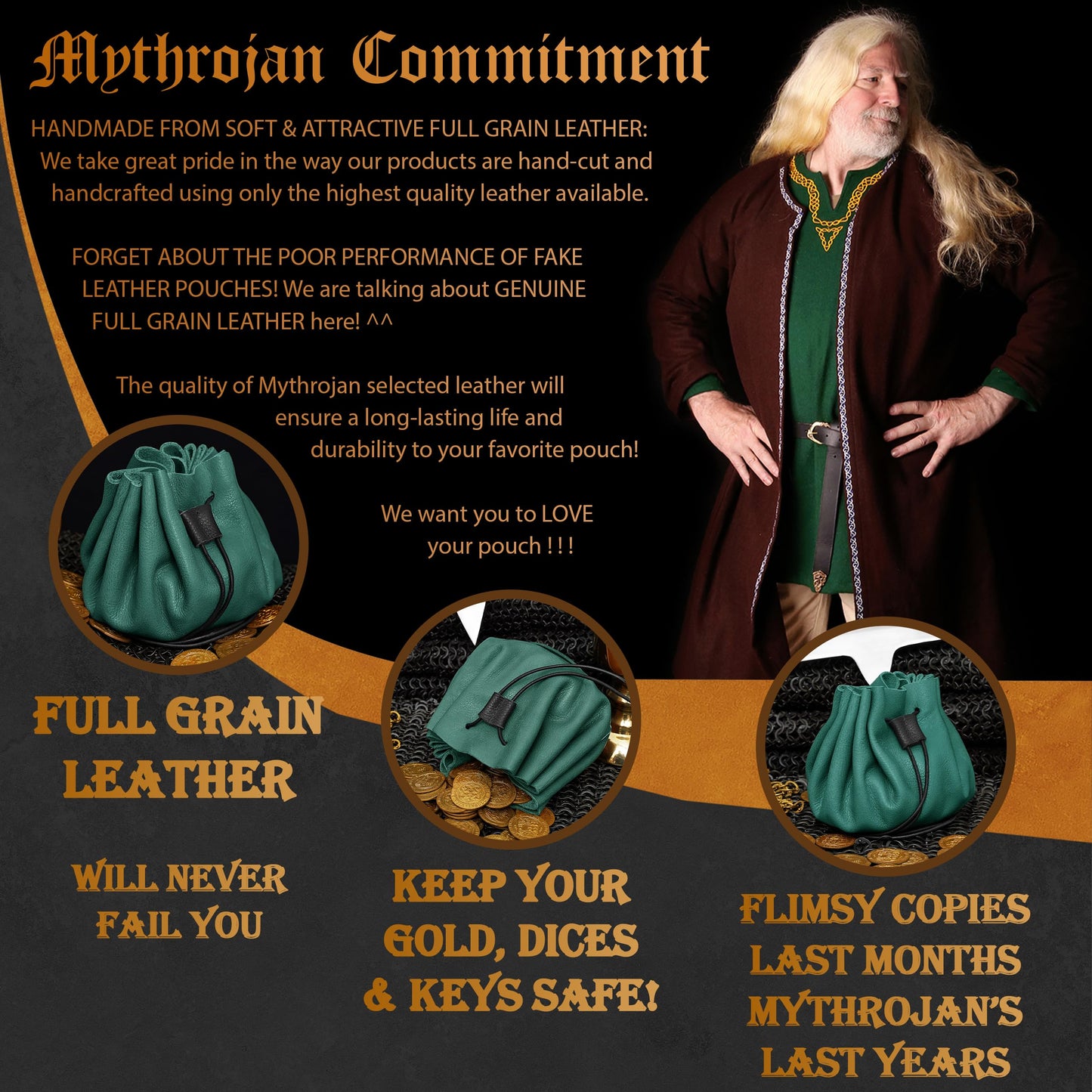 Mythrojan medieval leather pouch renaissance drawstring belt bag for larp, viking, cosplay, coin & jewelry waist purse- green, 4.9"x3.5"