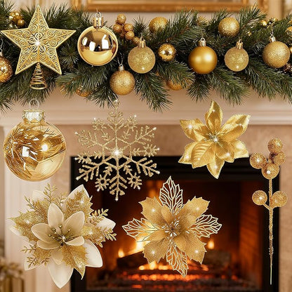 76Pcs Christmas Tree Decorations Set, Gold Assorted Ornaments with Large Shatterproof Plastic Balls, Star Tree Topper, Glitter Berries Stems, Ribbon for Indoor Garland Home Holiday Wedding Decor