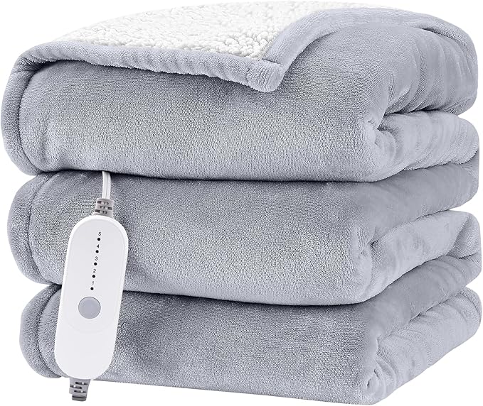 HYLEORY Heated Electric Blanket Twin 62"x84" Soft Fleece & Flannel with 5 Heating Levels & 10 Hours Timer Auto Shutt Off, ETL Certified, Washable，Heated Blanket for Body-Light Grey