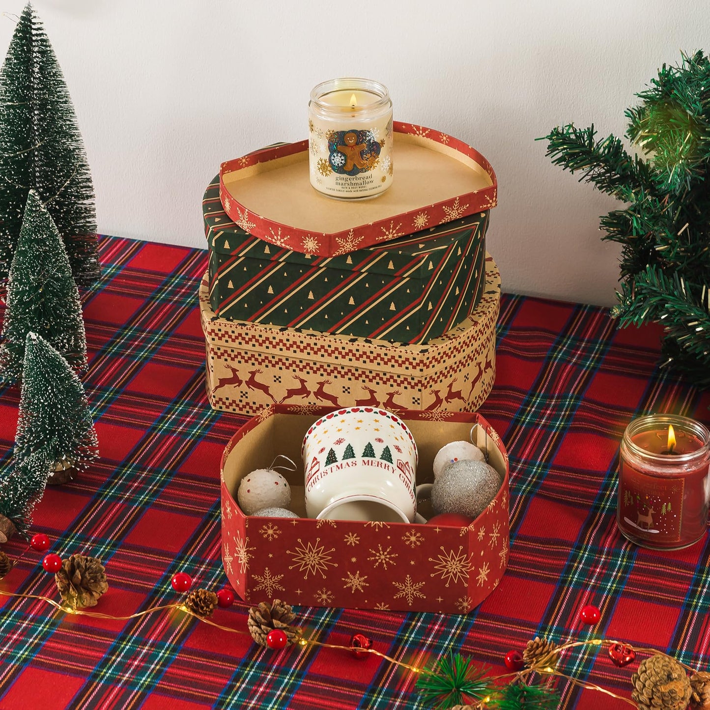 Soul & Lane Christmas Gift Boxes with Lids, Set of 3 Retro Kraft Holiday Decorative Boxes, Nesting Cardboard Festive Storage for Presents and Décor