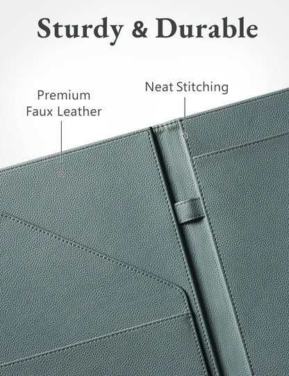 Mymazn Padfolio Portfolio Folder, Faux Leather Interview Resume Folder with Document Organizer & Business Card Holder, Letter-Sized Notepad Legal Pad Holder for Men Women (Grey Green)
