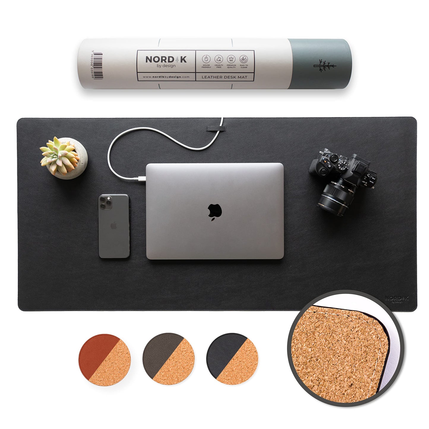 Nordik Cork Leather Desk Mat Cable Organizer (Pebble Black 35 X 17 inch) Premium Extended Mouse Mat for Home Office Accessories - Non-Slip Vegan Leather Desk Pad Protector & Desk Blotter Pad