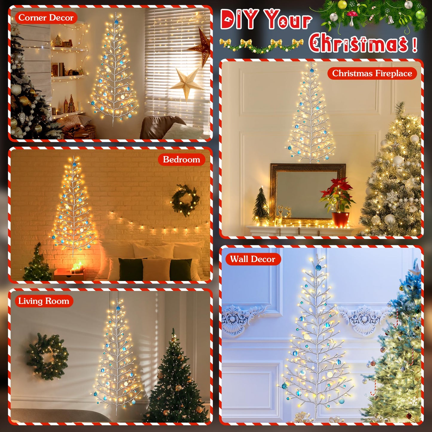 ElectricWise 5 FT 144 LED Lighted Wall Christmas Tree with Decorative Balls, 8 Light Modes Plug in Half Christmas Tree, Hanging Flat Mounted Trees for Holiday Apartment Room (Silver, Blue and White)