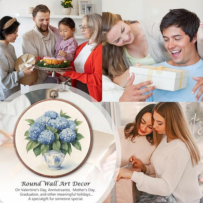 Threegoat Chinoiserie Spring Floral Framed Round Wall Art,Blue and White Hydrangea Flowers Wall Art Decor for Bedroom,Vintage Wall Hanging Decor for Grand Millenial Grandmillennial Home - A01
