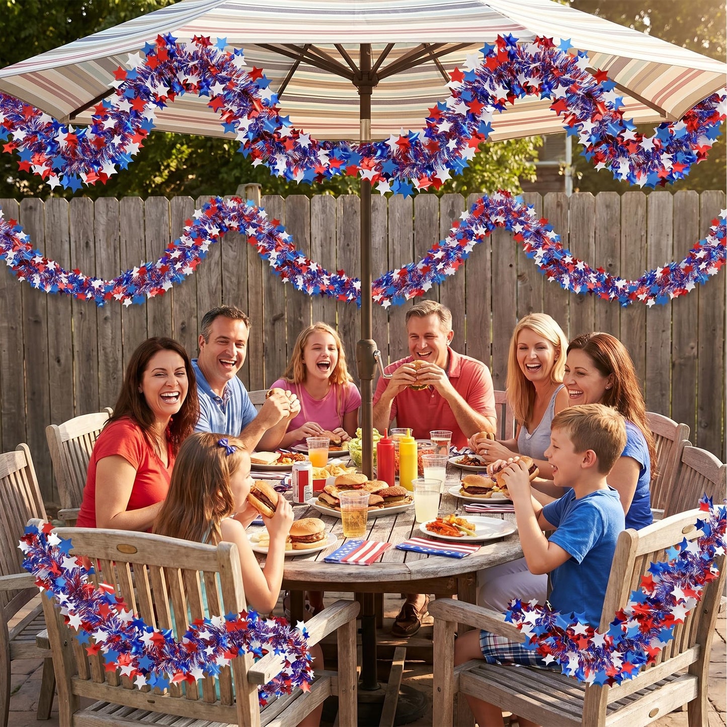 50ft Patriotic Star Tinsel Garland, Tinsel Banner for USA 250th Anniversary July 4th Decorations