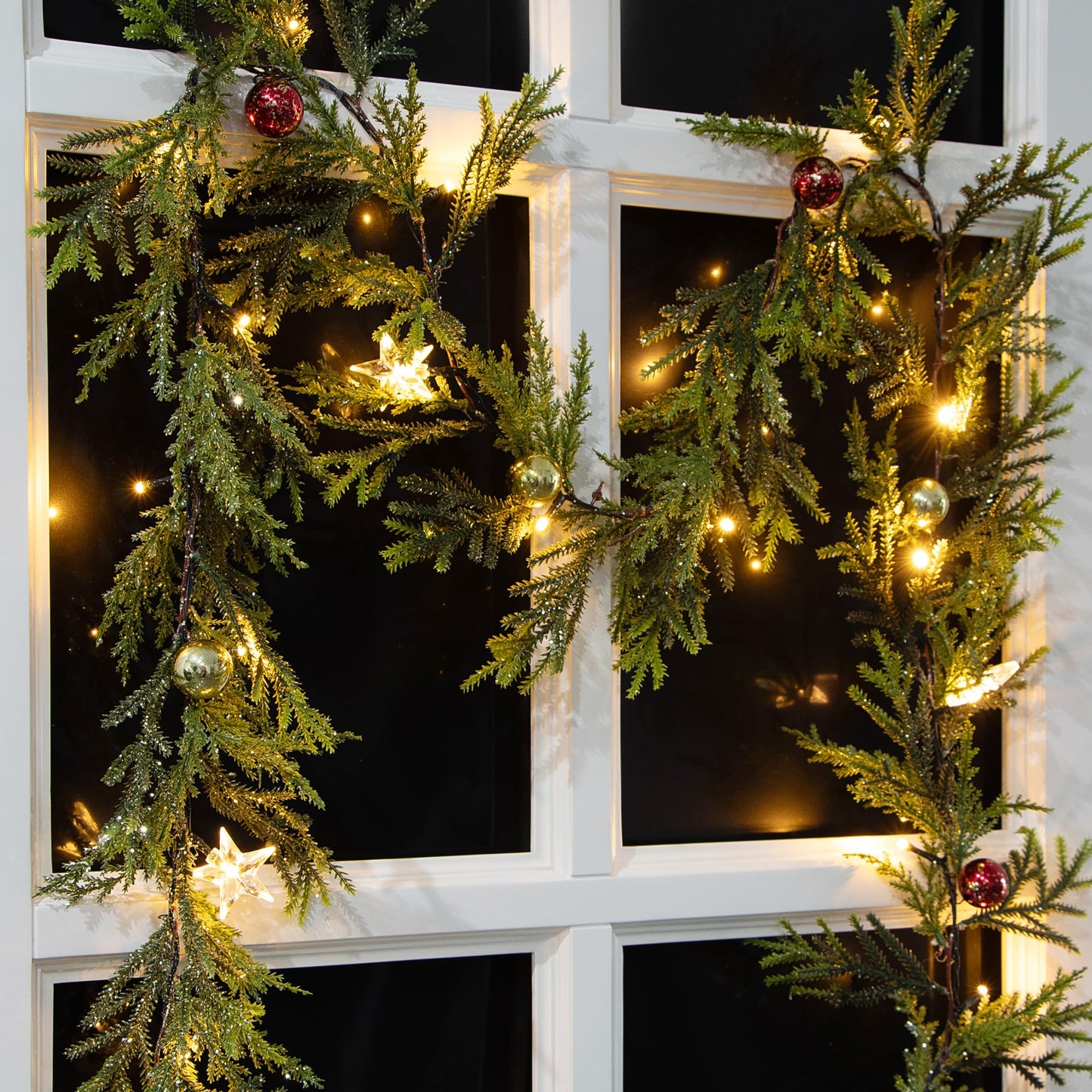 MINDELF 6 FT Artificial Christmas Garland, Faux Spruce Evergreen Garland with 20 LED Lights, Red Gold Ball Ornaments and Stars, Lighted with Timer, Perfect for Christmas Indoor Outdoor Decoration