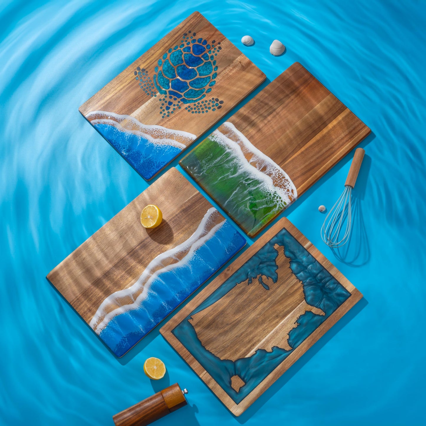 LILKUISYN Acacia Wood Cutting Board With Blue Resin Wave & Sea Turtle Epoxy Resin Ocean Pan for Kitchen Meal Prep Serving Tray Versatile Cheese & Charcuterie Board for Meat Vegetable Gift 15*10 inch