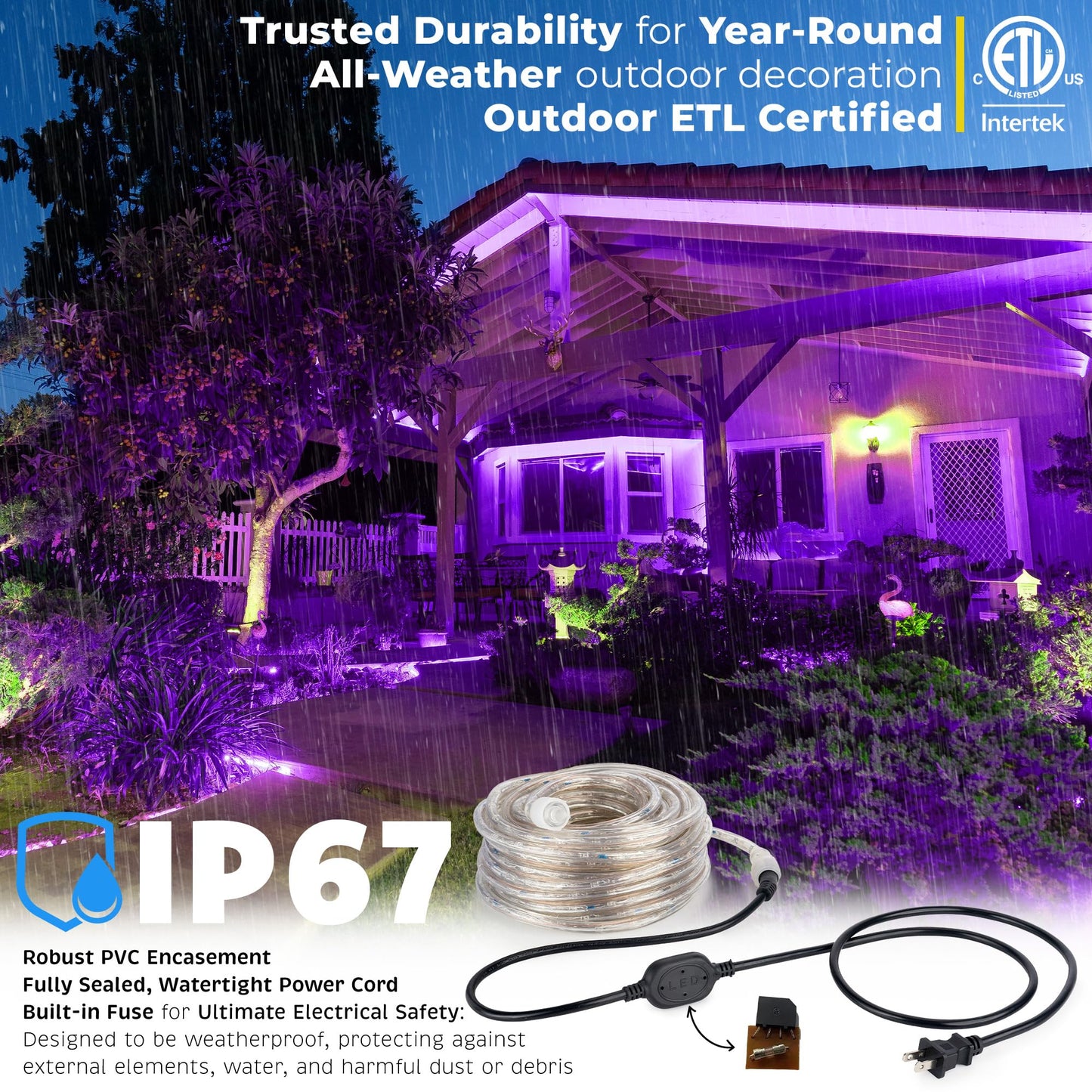 WYZworks 576LEDs, 50ft LED Outside Rope Lights, Waterproof Permanent Outdoor ETL Certified Connectable Clear Tube, Christmas Palm Tree Holiday Decorative Landscape Patio Accent Lighting - Purple