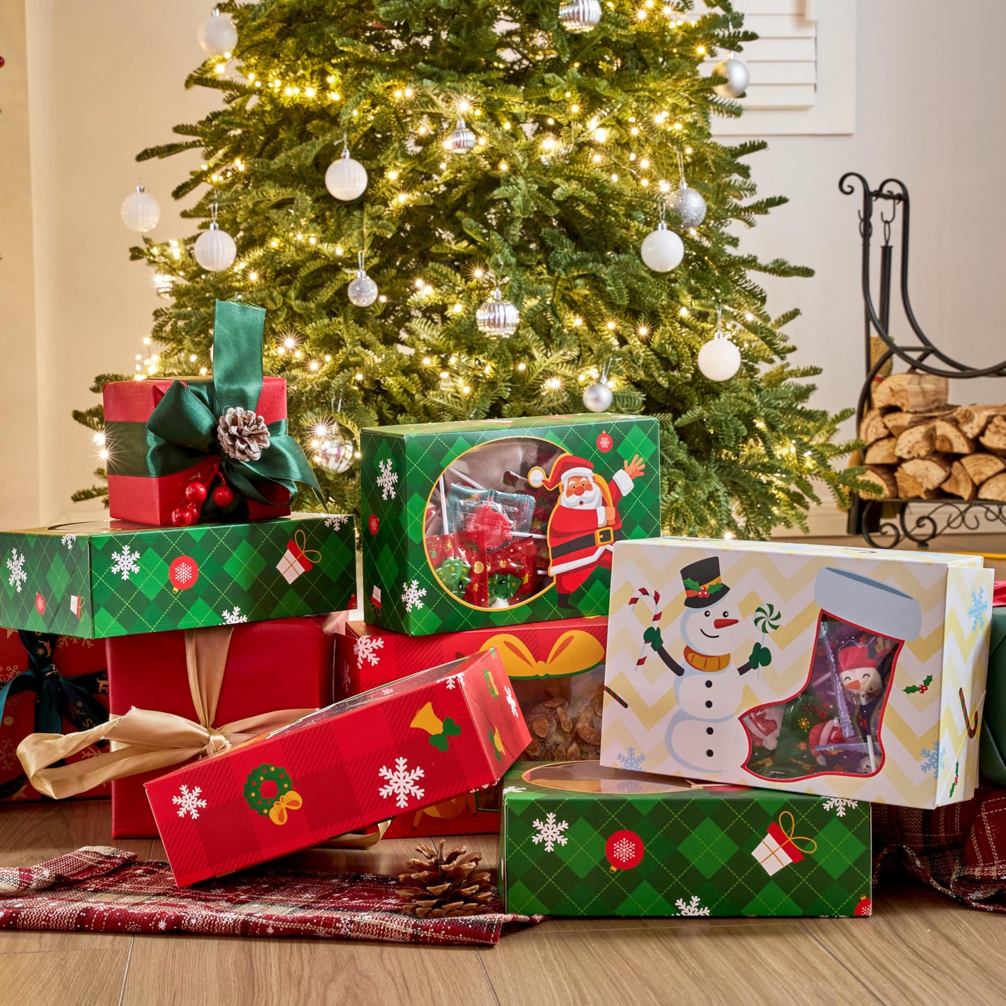 JOYIN 24PCS Christmas Cookie Boxes for Gift Giving, 8.75" x 5.75" x 2.75" Xmas Holiday Bakery Treat Boxes with Window, Kraft Cookie Tin Containers Box for Baked Goods, Cupcake, Pastry, Candy, Doughnut