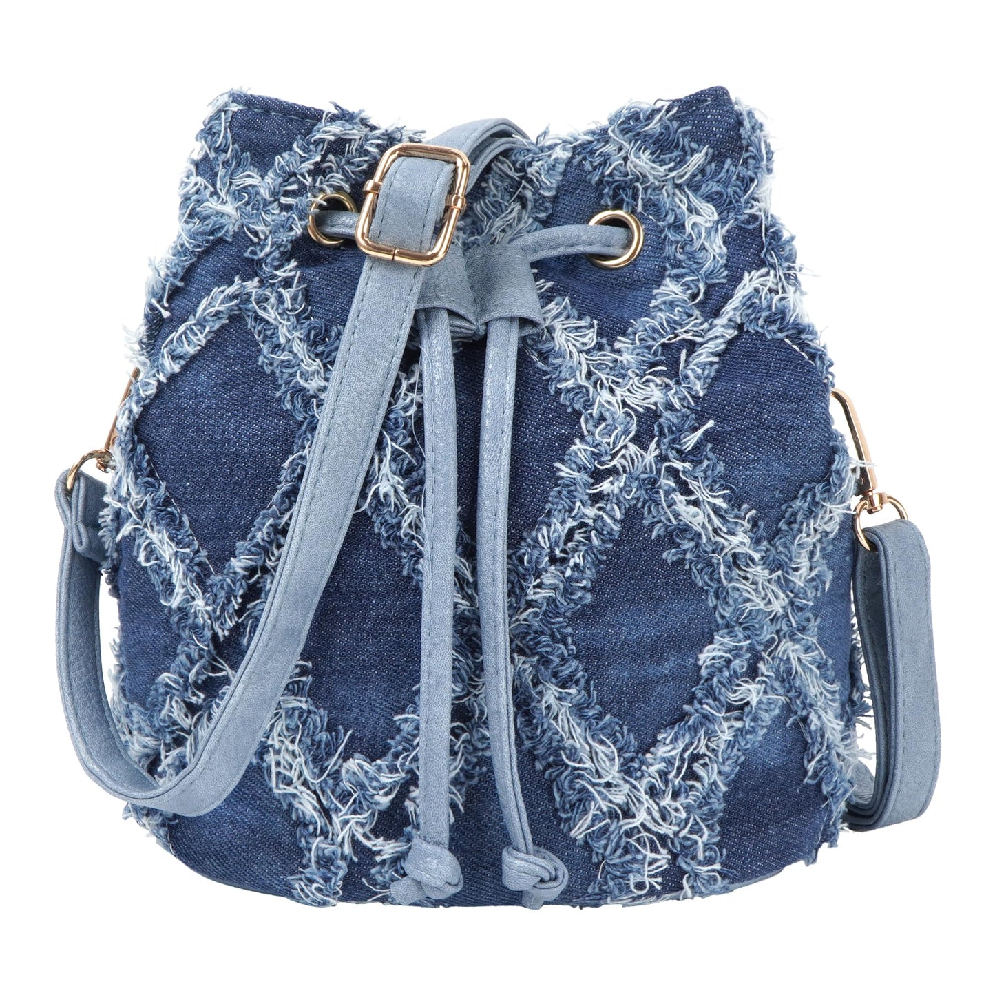 Hyuyikuwol Women Denim Mini Bucket Shoulder Crossbody Bag Drawstring Quilted Distressed Tassel Barrel Shape Satchel Purse, Blue
