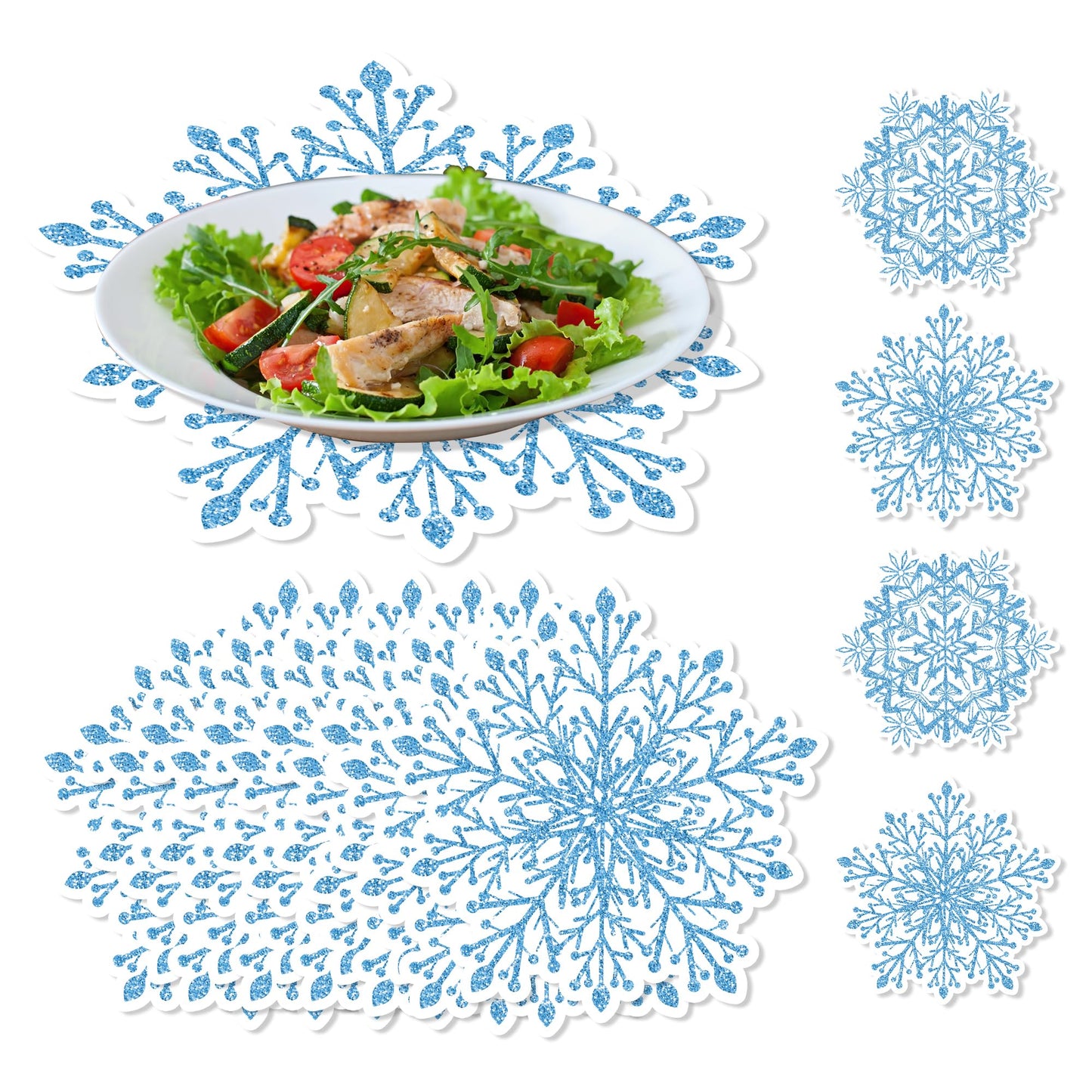 Snowflake Placemats Blue Paper Placemats Set, Disposable Winter Table Mat Snowflake Decorations for Christmas Winter Party Supplies Table Setting Kitchen Home Table Decor(24 Pack)