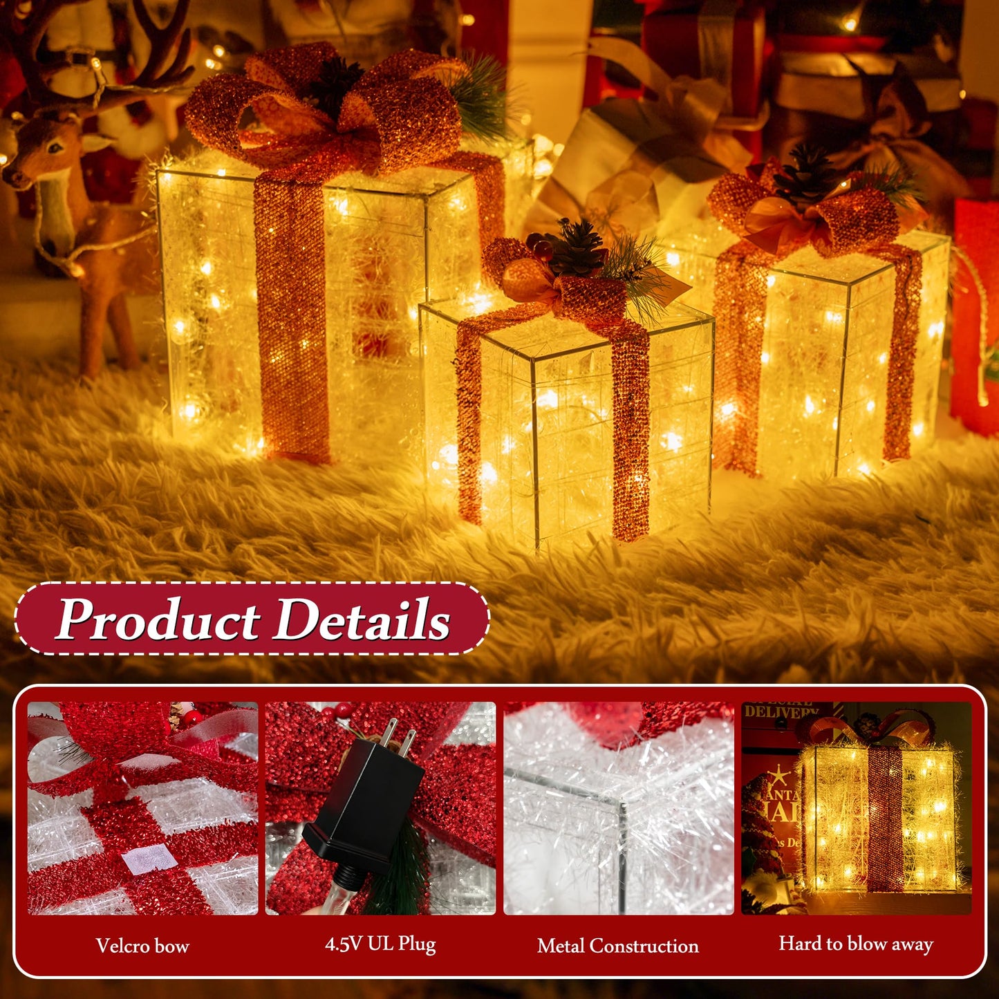 Ccinny Christmas Decorations, Set of 3 Christmas Lighted Gift Boxes, Pre-lit 60 LED Light Up Present Boxes Warm White Xmas Ornaments for Indoor Outdoor Yard Lawn Home Decor (Red Bow)