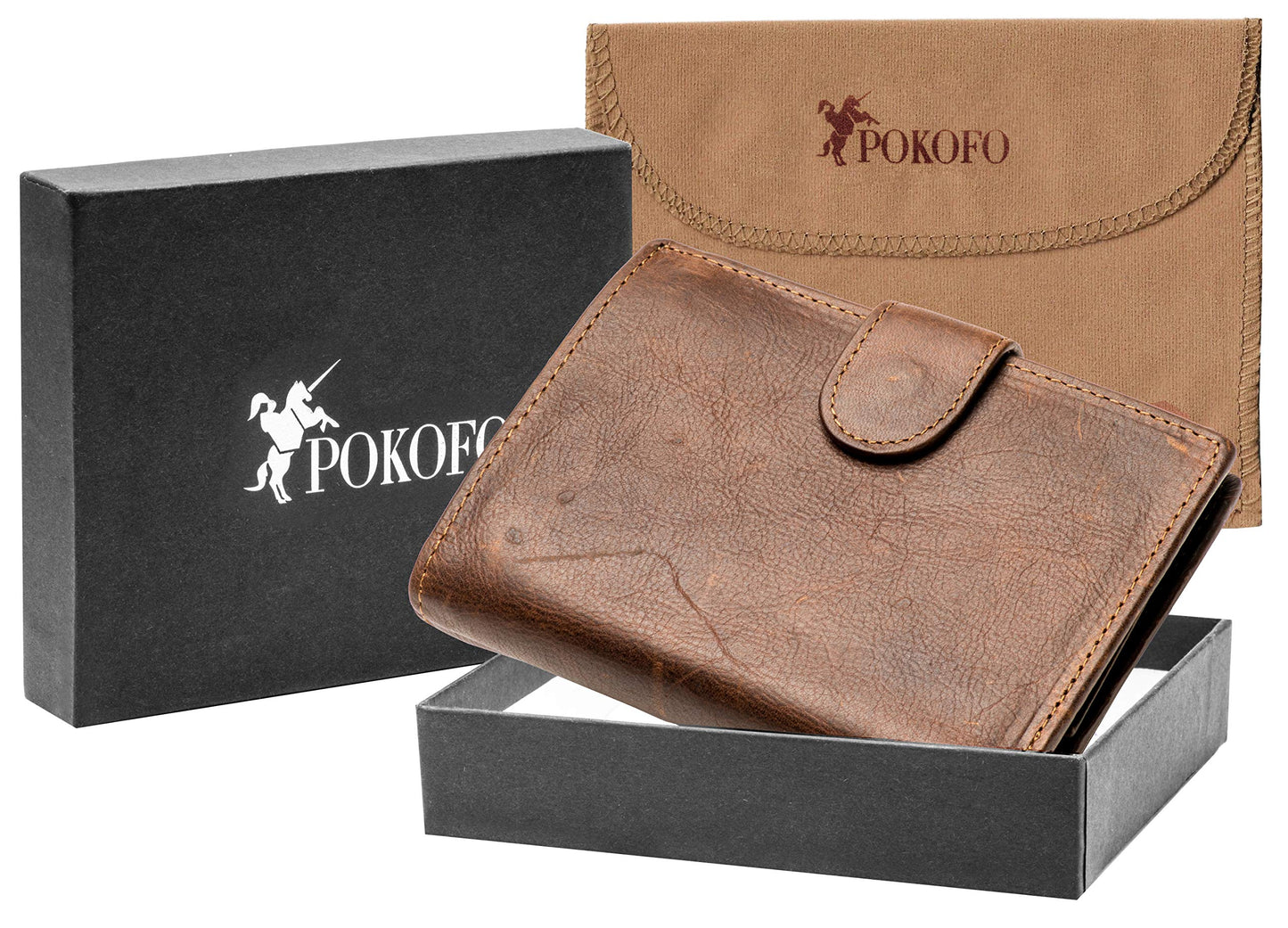 POKOFO Large RFID Genuine Leather Card Holder Trifold Wallet Snap Closure 3 ID Windows for men (Coffee)