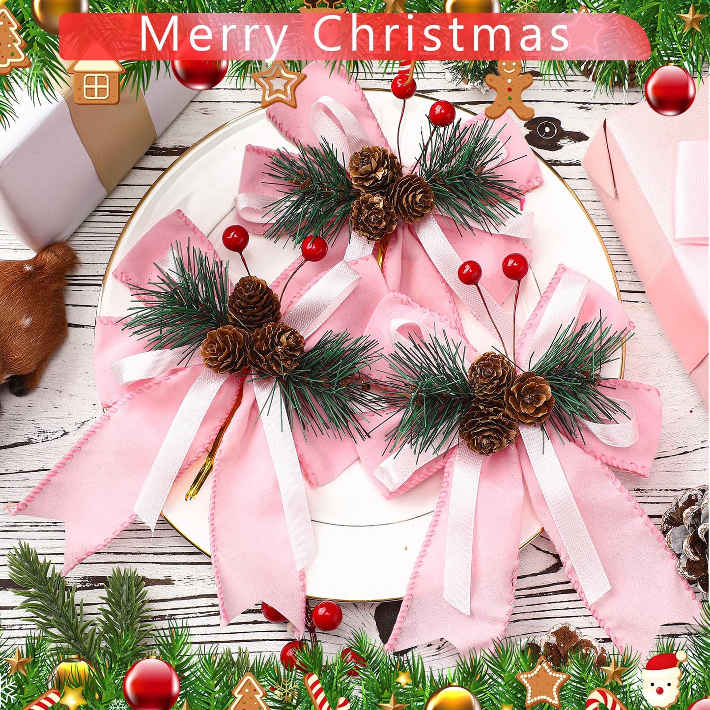 Syhood 6 Pcs Christmas Velvet Bow with Pine Cones Pine Needles Berries Xmas Pink Ribbon Bow Ornaments 6.3 x 5.1 Inch for Christmas Tree Wreath Garden Fireplace Crafts DIY Decor