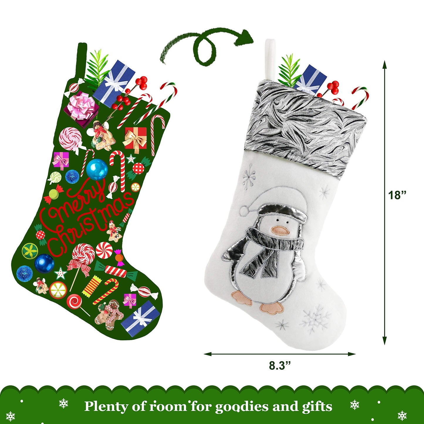 BSTAOFY Christmas Stockings Set of 4 Soft Non-Woven Patterned Santa Claus Animals Socks for Assorted Xmas Tree Hanging Decor Party Ornaments Gifts Kids, Silver