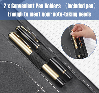 NOTEZMATE Padfolio Notepad Holder with Clipboard,A5 Faux Leather Padfolio Folder for Interview Resume,Magnetic Closure Legal Pad Folder with Business Holder,2 Pens & 5x8 Writing Pad for Office,Black