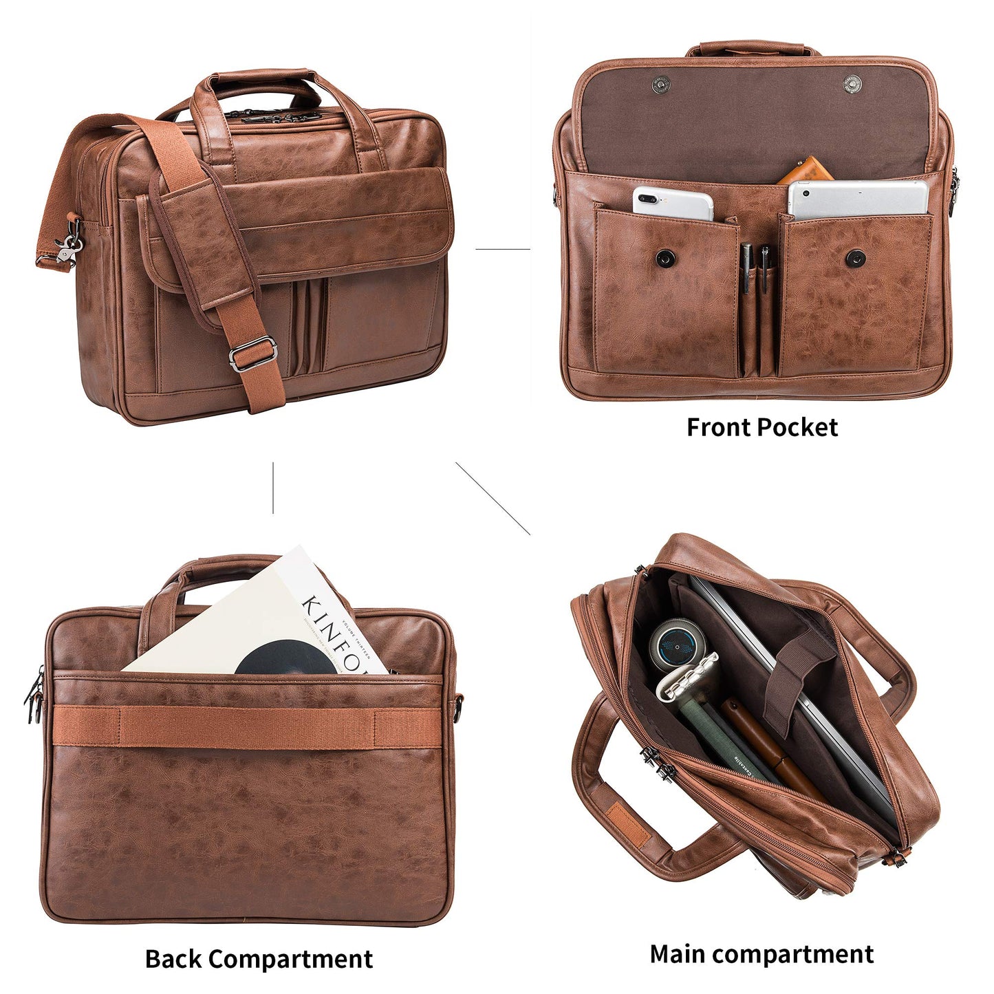 seyfocnia Mens Laptop Bag,17.3 Inch PU Leather Messenger Bag Water Resistant Business Travel Briefcase, Work Computer Bag Satchel Bag Husband（Brown）