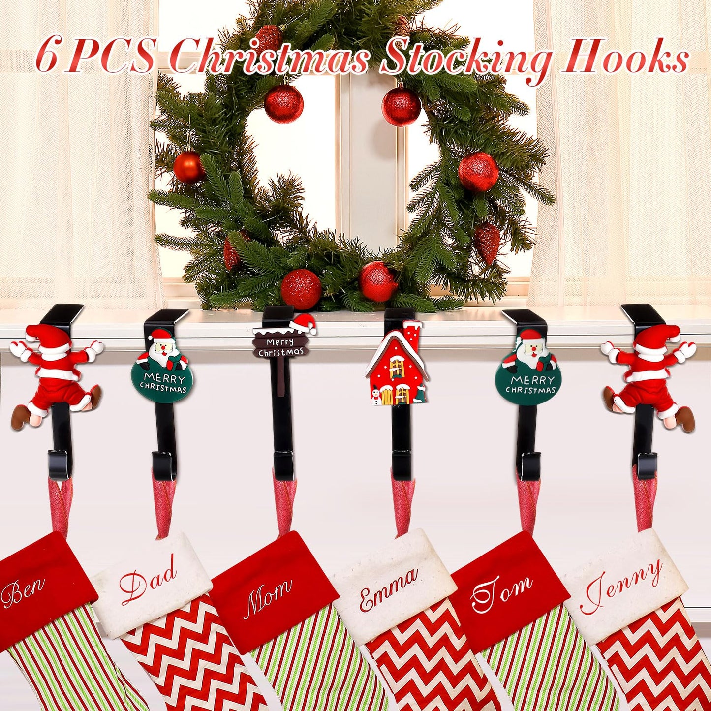 Hicarer Set of 6 Christmas Stocking Hooks for Mantle, Metal Holders for Hanging Stockings, Stocking Hangers for Fireplace for Christmas Decorations (Santa)