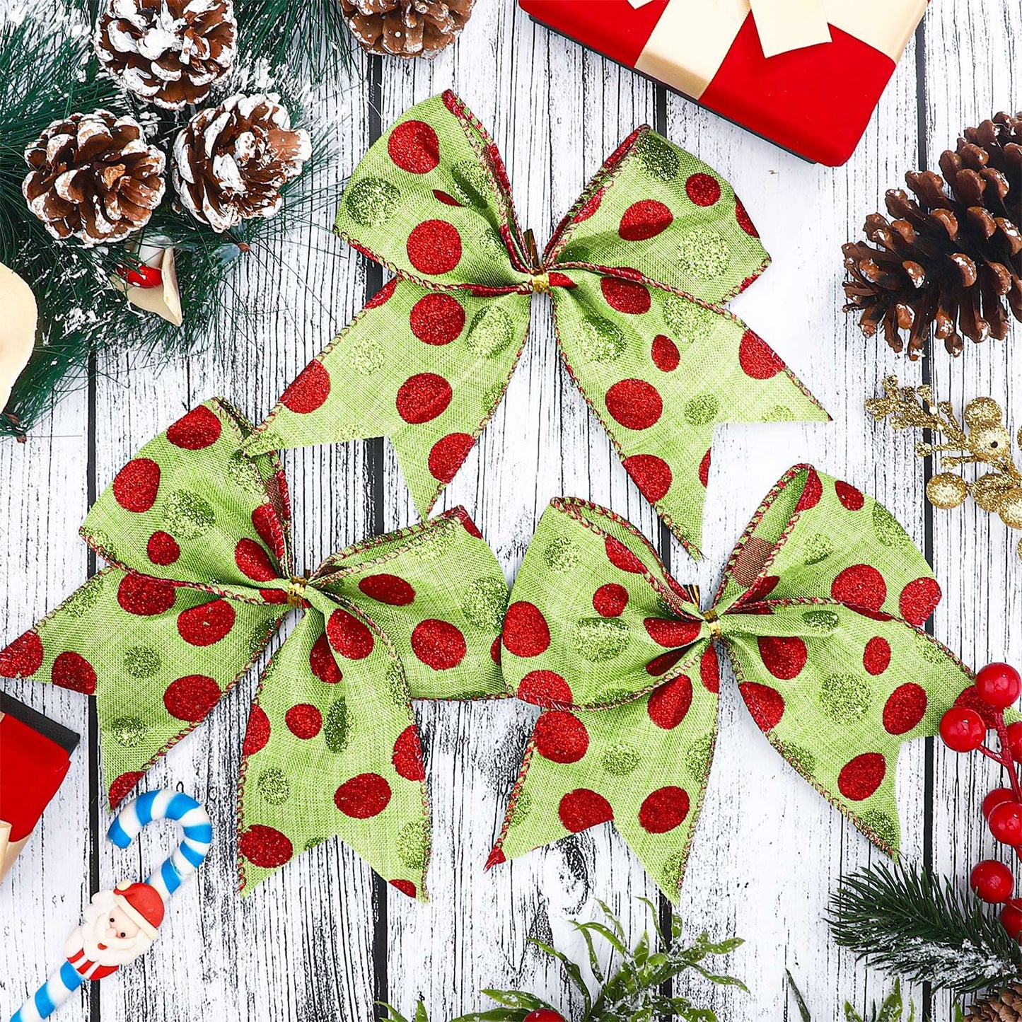 Jetec 12 Pcs Red Green Christmas Bows Decoration 6 Inch Large Christmas Wreaths Bows Xmas Tree Dot Ribbons Ornaments for Garland Wedding Party(Red and Green,Glitter Pattern)