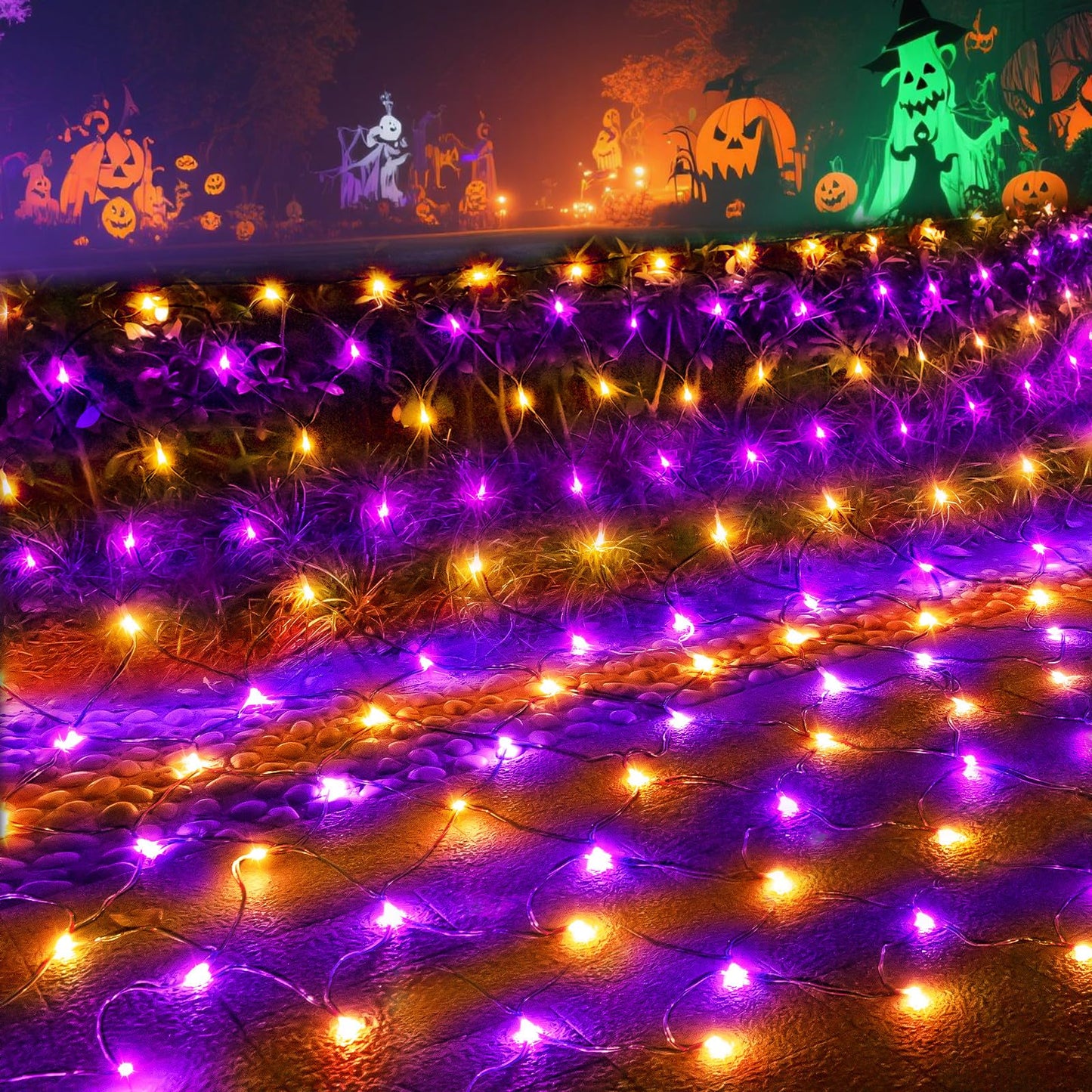 Halloween Net Lights Outdoor Decoration, 14.8x4.9 ft 300LED Orange Purple Halloween Lights 8 Modes Connectable Twinkle Fairy Mesh Light for Bushes Tree Party Yard Garden Decoration