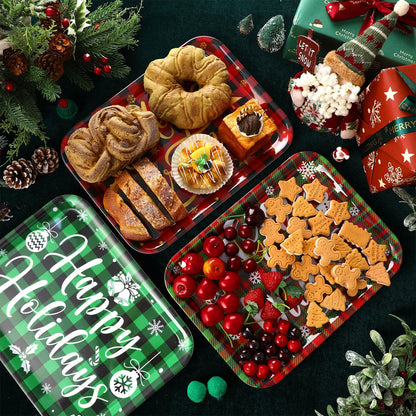 Rtteri 3 Pcs 13 x 10 Inch Christmas Serving Trays Red and Green Plaid Plastic Xmas Serving Platters Dishes Reusable Christmas Decorations for Holiday Party Sharing Snack Fruit Dessert Candy