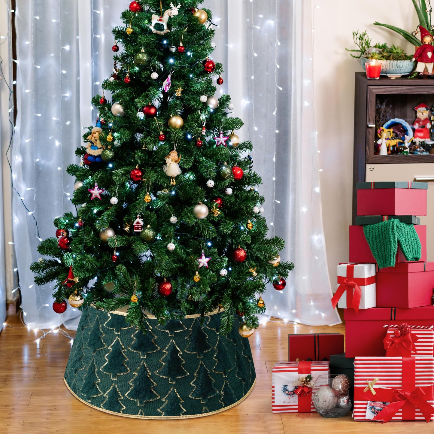 Faux Plush Christmas Tree Collar,Rustic Farmhouse Tree Skirt Ring with Xmas Tree Textured Pattern for Holiday Christmas Indoor Home Decor（Green）