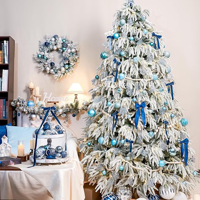 JORNOY Christmas Tree Ornaments Set, 47 Pack Assorted Shatterproof Hanging Balls Decorations, Plastic Bulbs Bulk with Lanyard for Home Holiday Party Decor, 3-Sizes (Sky Blue)