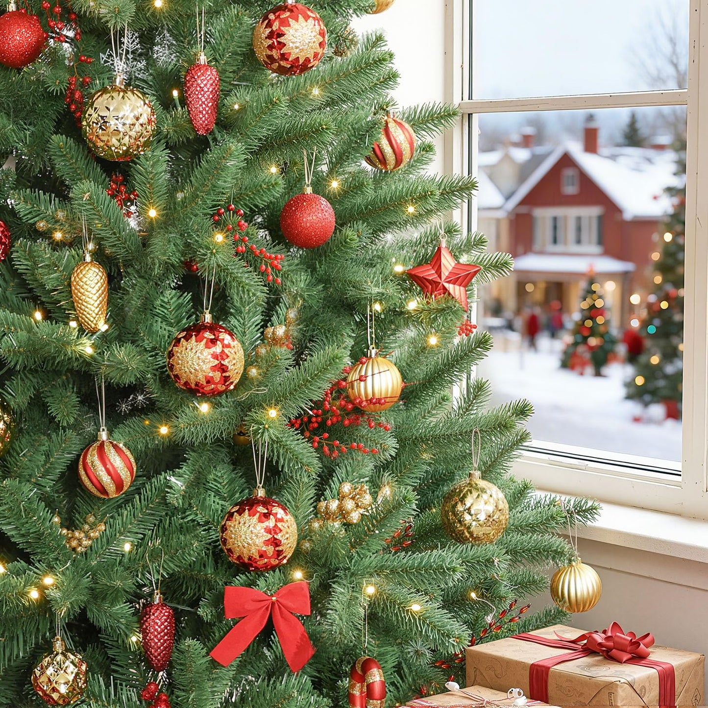 Alupssuc 128pcs Christmas Balls Ornaments Set, Shatterproof Plastic Baubles Christmas Flowers and Tree Topper for Xmas Tree Holiday Wedding Party Decorations with Hanging Strings, Red and Gold