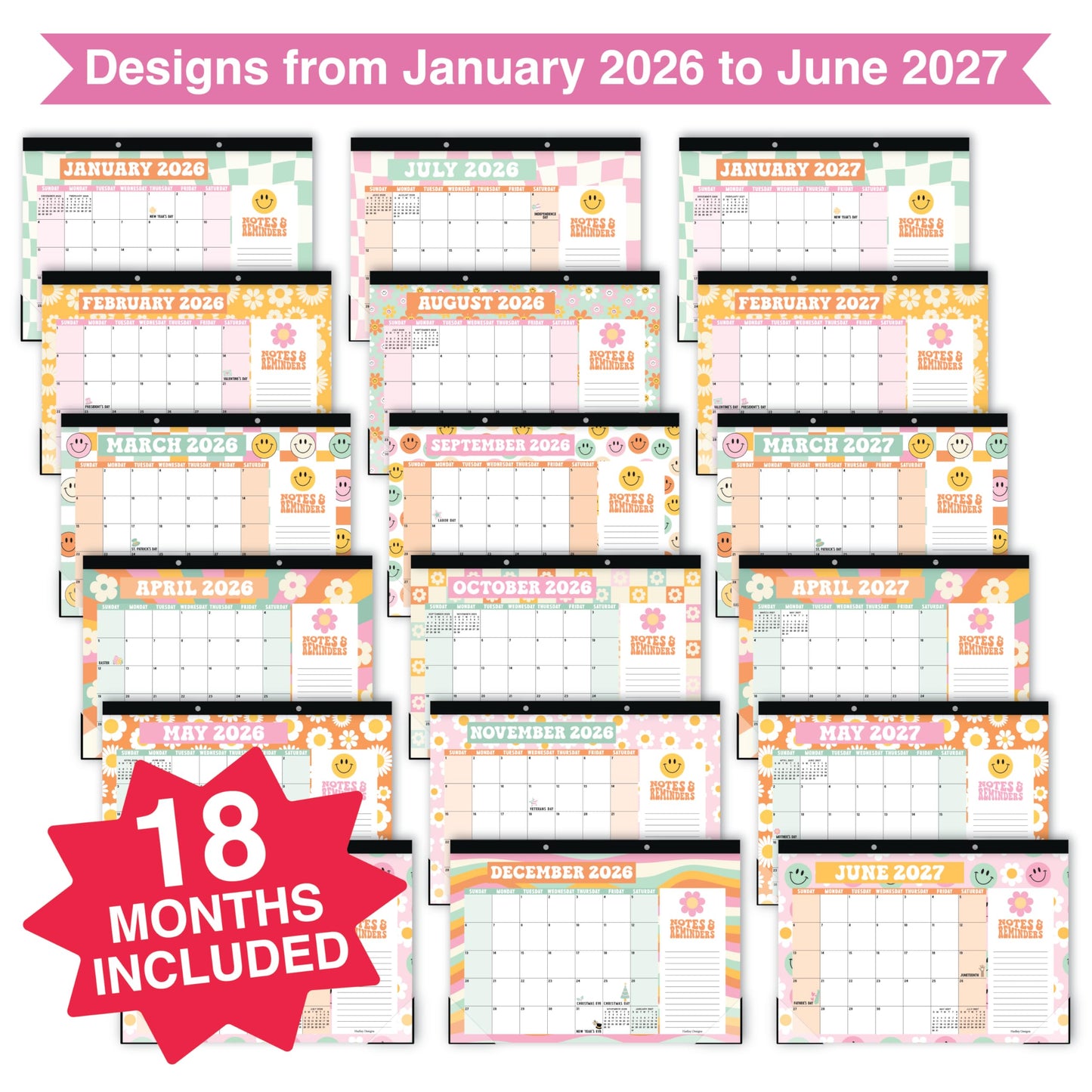 Hadley Designs Large Teacher Desk Calendar 2026-2027 - Desktop Calendar 2026, 18-Month Desk Calendars for Home, Office & Classroom, Cute Classroom Must Haves, Teacher Appreciation Gifts