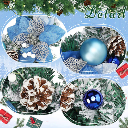 Knitgrip Pre-Lit Christmas Wreaths for Front Door 13.7 Inches Christmas Wreath with Ball Ornaments 20 LED Lighted Hoop for Outdoor Wall Window Fireplace (Blue,Blue Flower Style)
