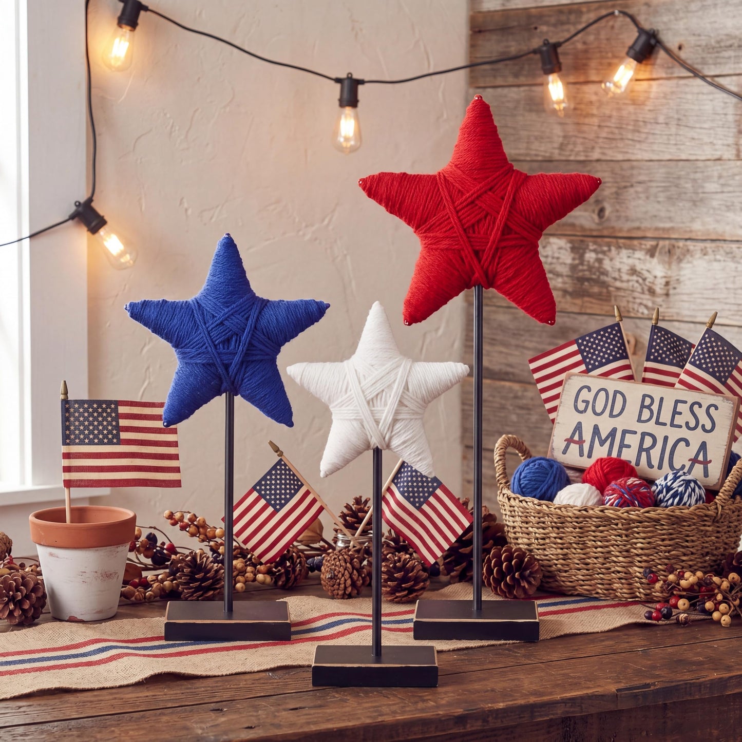 Yousoontic 3 Pcs 4th of July Rustic Patriotic Yarn Wrapped Star 250th Anniversary Tiered Tray Decor Star USA Red White Blue Farmhouse Table Centerpiece Handmade Americana Home Decoration