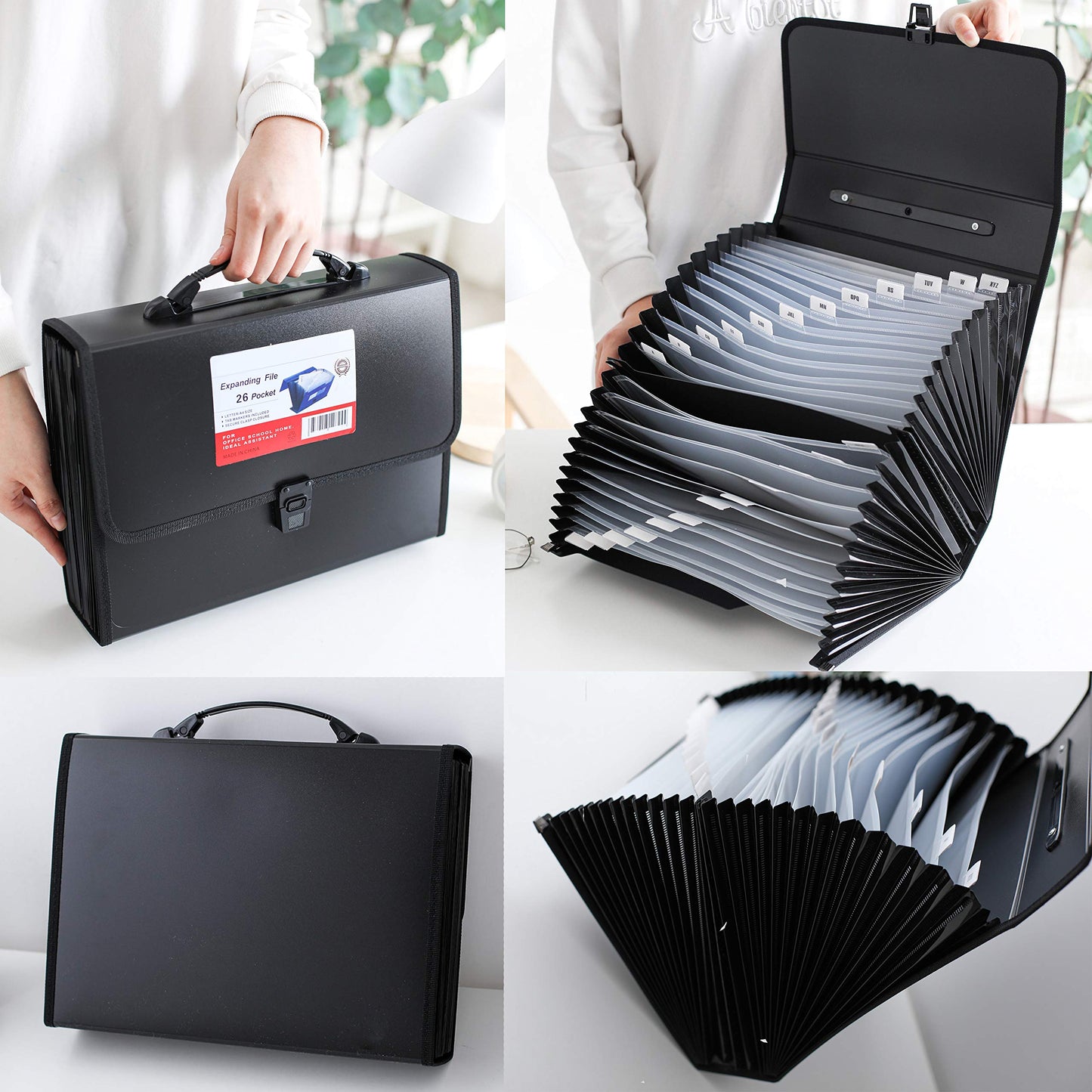 FANWU 26 Pockets Expanding File Accordion Folder with Handle - Letter A4 Paper Size - Expandable Large Plastic File Folder Wallet Monthly Portable Document Organizer with Flap & Buckle (Black)