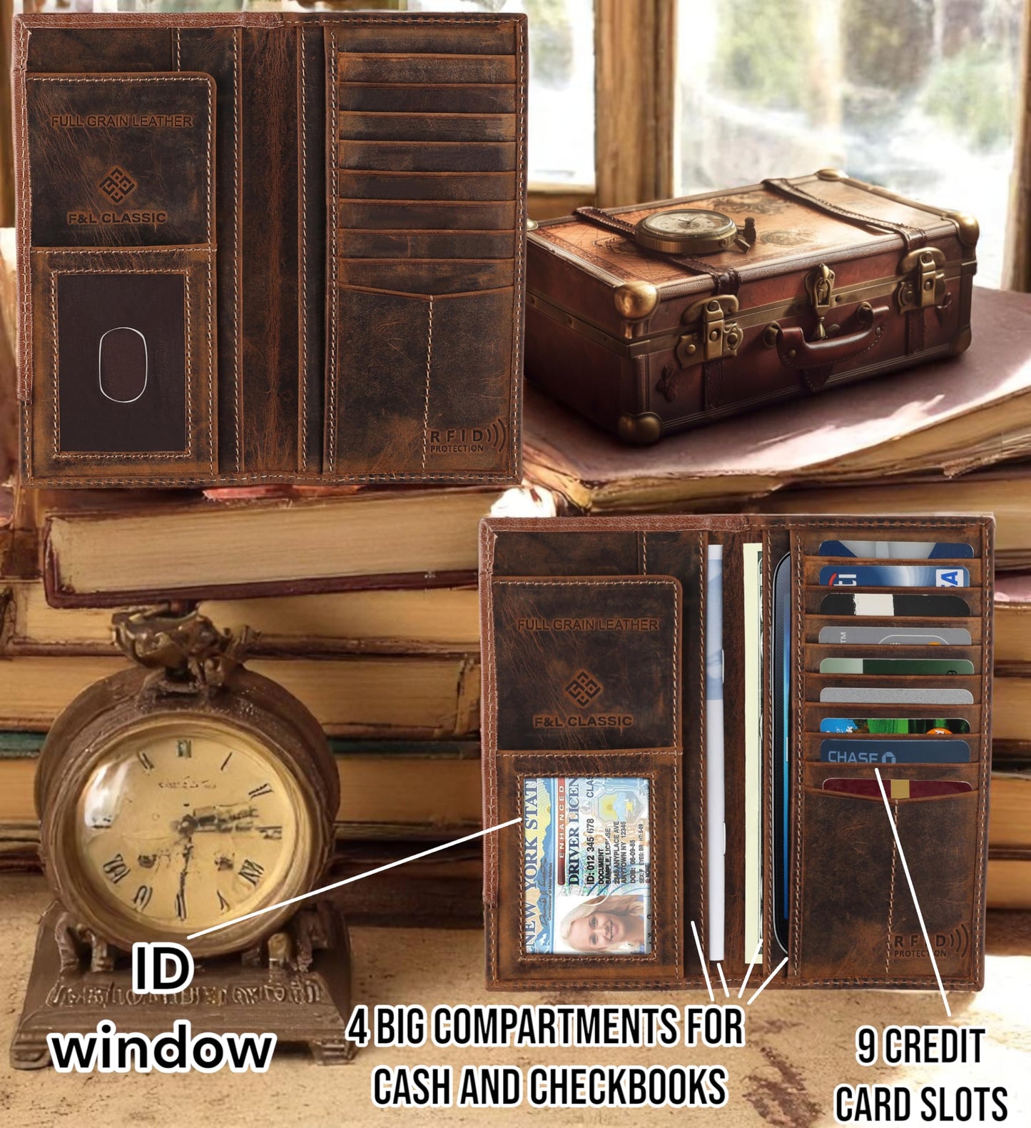 F&L CLASSIC Men's RFID Vintage Look Genuine Leather Long Bifold Wallet Checkbook Wallets,brown,240-82