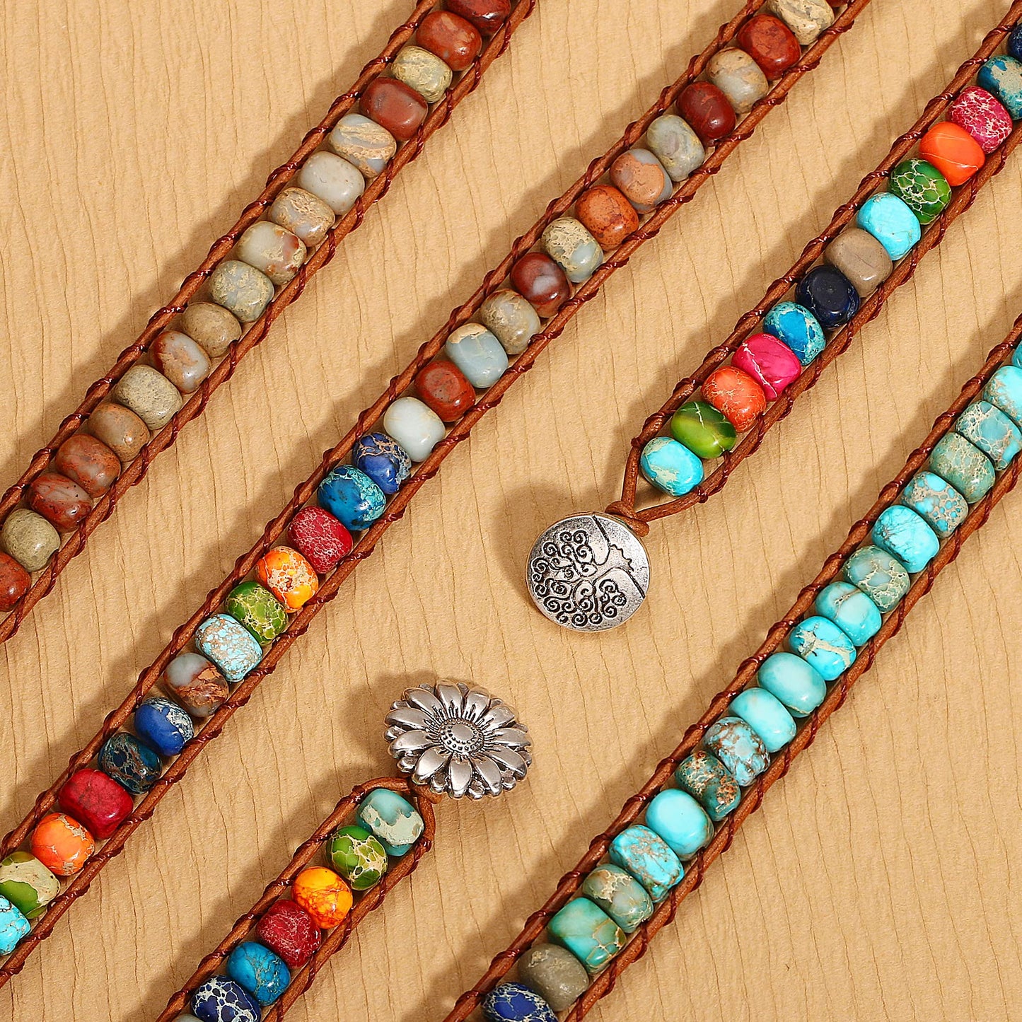 Sedmart Bracelets Made of Natural Stones with Hippie Stones Leather Wrap Healing Bead Bracelet Women Men