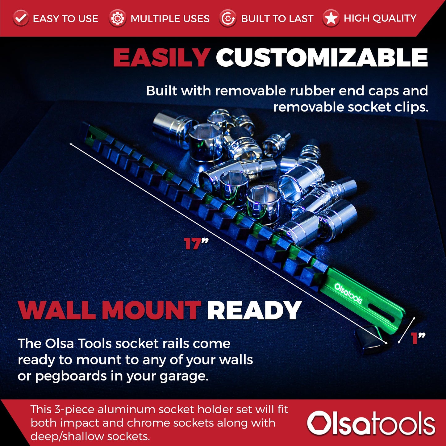 Olsa Tools Aluminum Socket Organizer, 3pc Set - Green Socket Holder Kit 1/2-Inch, 3/8-Inch, and 1/4-Inch Drive - Holds 58 Chrome or Impact Sockets - Professional Grade Socket Rails - Part: 1102