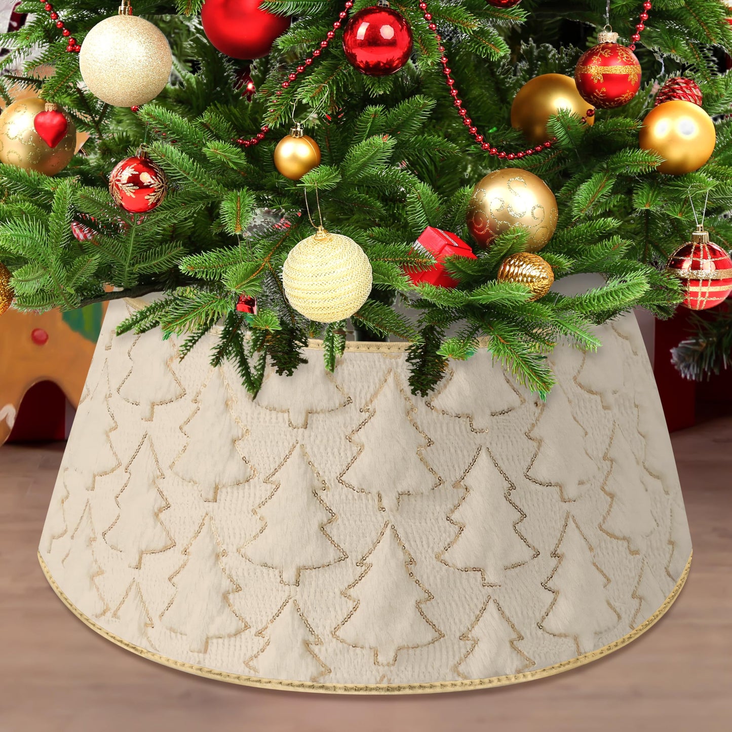 Faux Plush Christmas Tree Collar,Rustic Farmhouse Tree Skirt Ring with Xmas Tree Textured Pattern for Holiday Christmas Indoor Home Decor