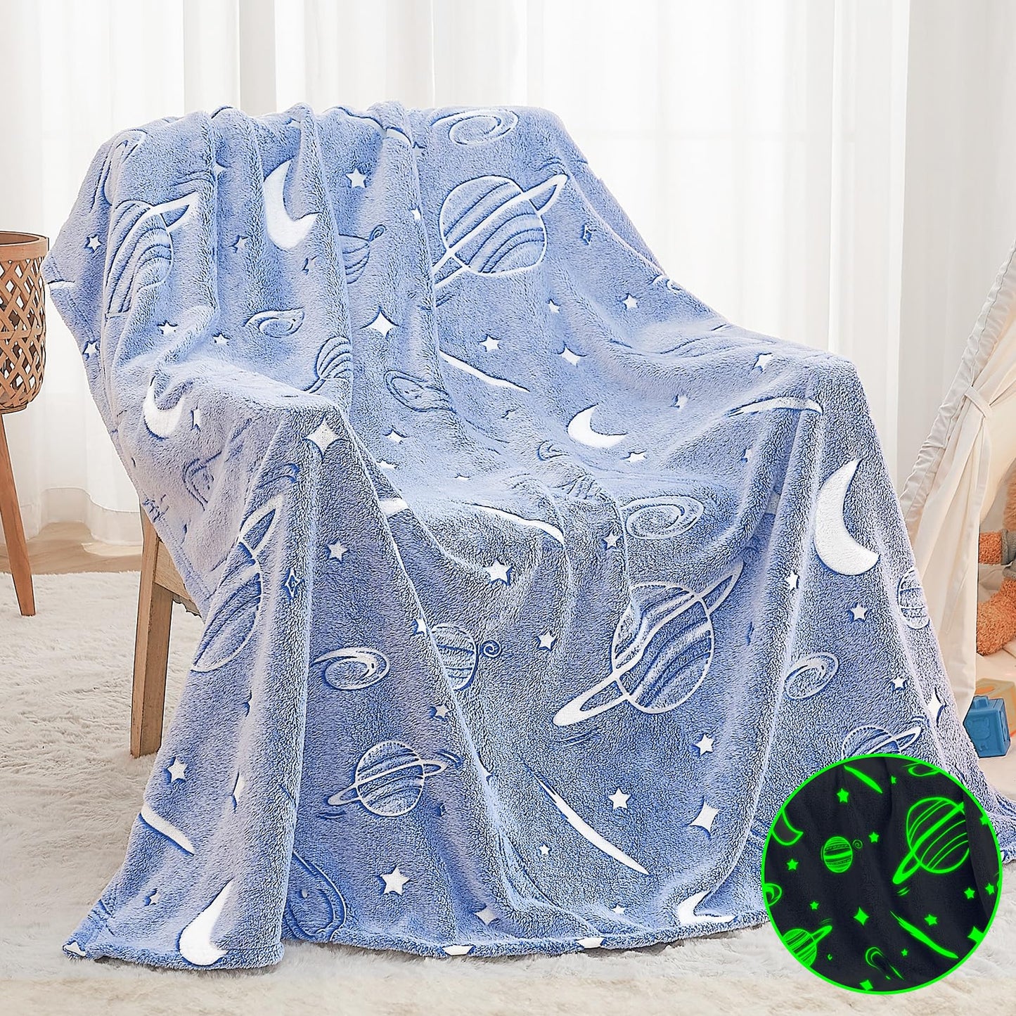inhand Blue Space Toys Glow in the Dark Stars Blanket Birthday Gifts for Boys Cute Kids Blanket and Funny Space Planet Moon Galaxy Room Decor for Age 3 4 5 6 7 8 9 10 11 12 13 Year Old (50''x60''Blue)