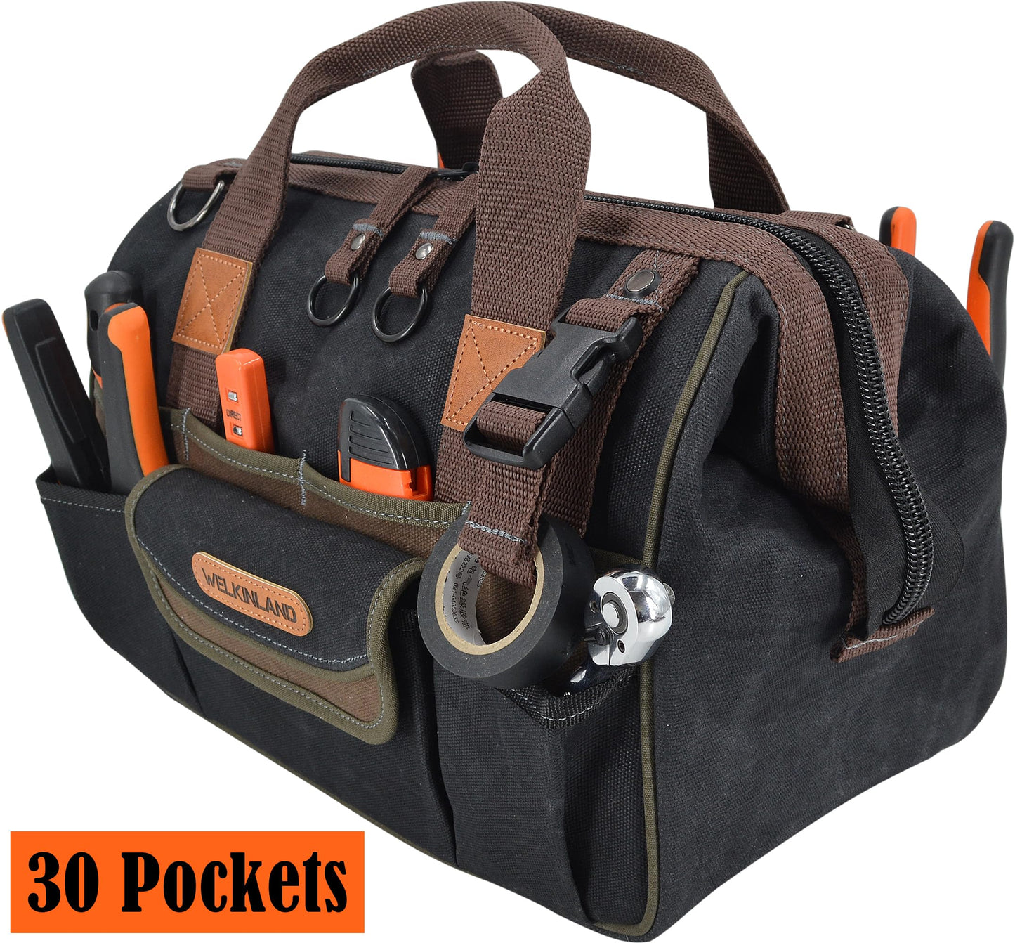 WELKINLAND 30-Pockets Canvas tool bag, 14-Inch Heavy Duty Waxed bags heavy duty, Tool duffel, Lineman Electrician for electricians,Tool men duty Black/Brown/Olive