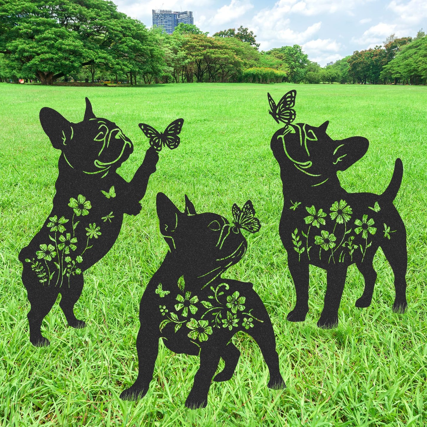 LIRAVENO French Bulldog Gifts Decor - 3 Pcs Metal Garden Stakes Outdoor Animal Statue Decorations Patio Lawn Pathway Yard Art Ornaments Butterfly Flower Silhouette Christmas Birthday for Dog Lover