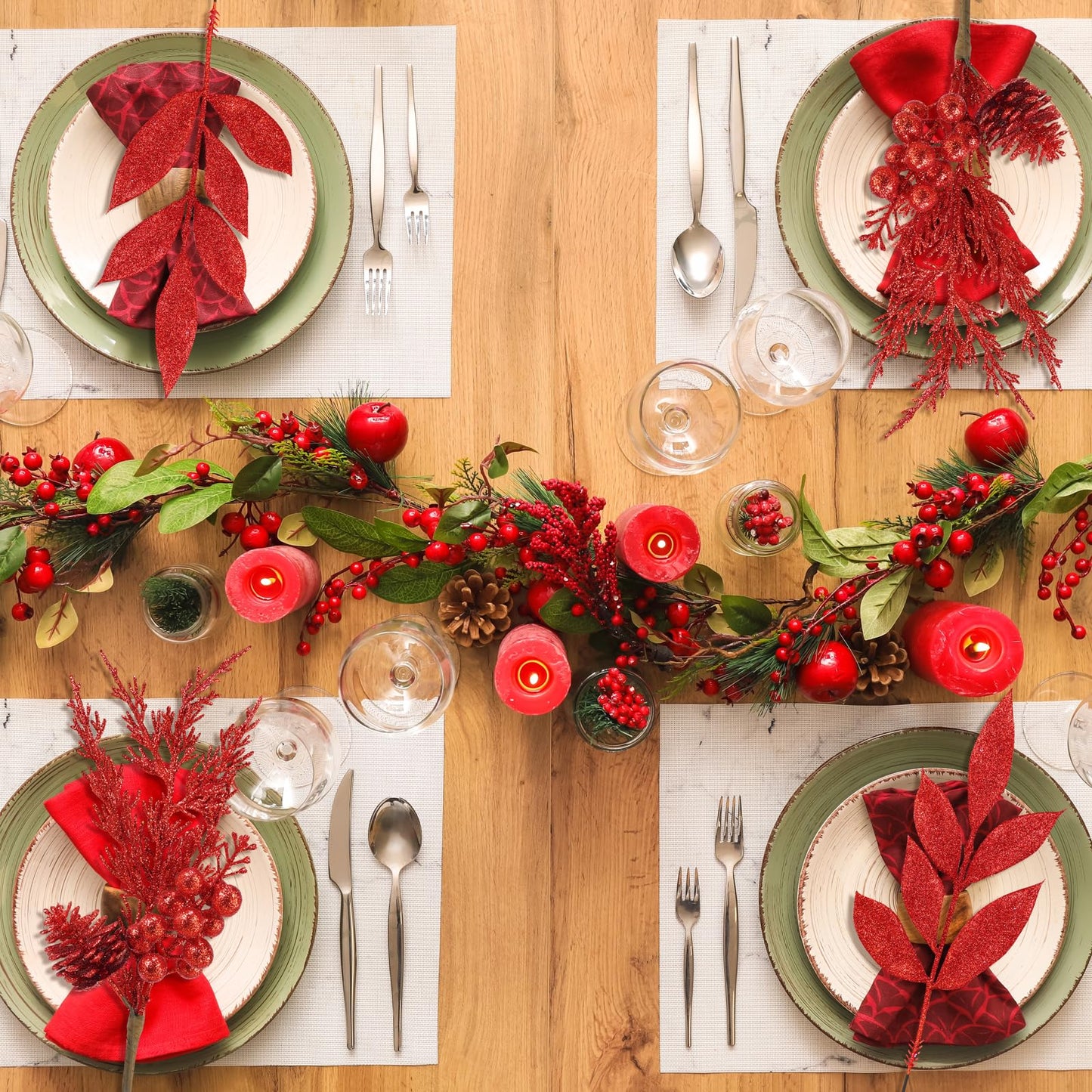 Winlyn 24 Pcs Christmas Artificial Leaf Sprays Pine Needles Pinecone Berries Stems Red Glittered Christmas Decoration Picks 12.2"- 14.2" Tall for Red Christmas Tree Wreaths Seasonal Floral Arrangement