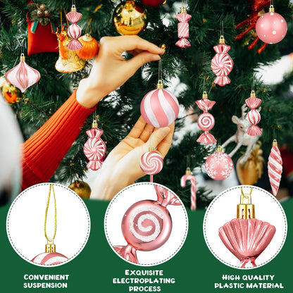 Christmas Ornaments Candy Lollipop Set -48Pcs for Xmas Tree Decoration Hanging Plastic Gloss Candy Canes Ball Pendants for New Year Home Decor Party Supplies (Rose Gold)