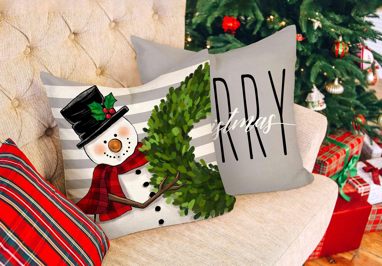 Gray Christmas Pillow Covers 18x18 Set of 4 Farmhouse Xmas Decorations Snowman Wreath Santa Claus Tree Merry Christmas Holly Jolly Winter Holiday Decor Throw Cushion Case for Home Couch S23C20